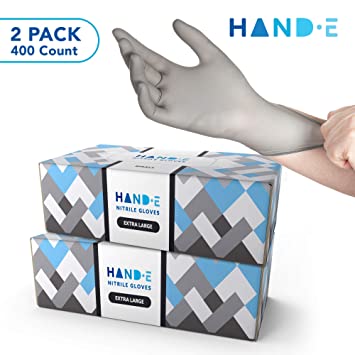 Hand-E Disposable Grey Nitrile Gloves XL - 400 Count - Kitchen Gloves - Powder Free, Latex Free Medical Exam Gloves with Textured Grip Fingertips - Cleaning, Salon, Painting