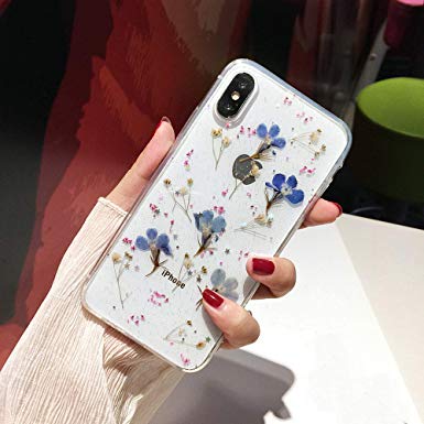 iPhone X/XS Flower Case, Shinymore Soft Clear Flexible Rubber Pressed Dry Real Flowers Case Girls Glitter Floral Cover for iPhone X/XS-Navy