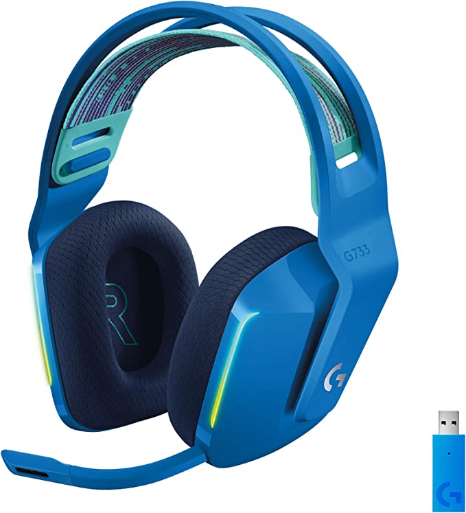 Logitech G733 LIGHTSPEED Wireless Gaming Headset with suspension headband, LIGHTSYNC RGB, Blue VO!CE mic technology and PRO-G audio drivers, Lightweight, 29 Hour battery life, 20m range - Blue