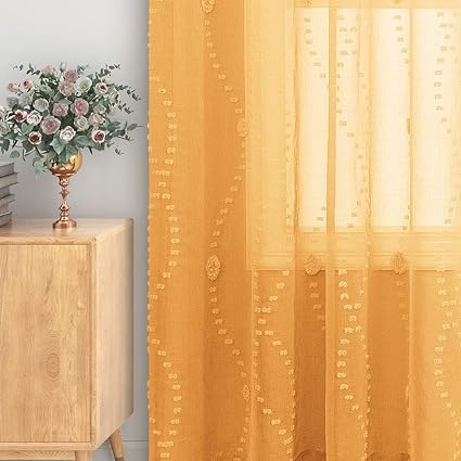 KOUFALL Gold Yellow Boho Sheer Window Curtain Panels 84 Inches Long for Bedroom Living Room Pair Set Grommet Pom Pom Textured Semi Transparent Voile Drapes 84 Inch Length Mustard Color