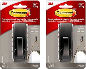 Command Large Modern Reflections Metal Hook, Oil Rubbed Bronze, 1-Hook, 2-Strips, Decorate Damage-Free (Pack of 2)