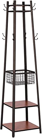 VECELO Industrial Coat Rack Stand, Hall Trees Freestanding, Entryway Clothes Stand with Metal Basket and 2 Shelves, Purse Hanger with 8 Dual Hooks/Stable Structure for Hats Bags and Scarves