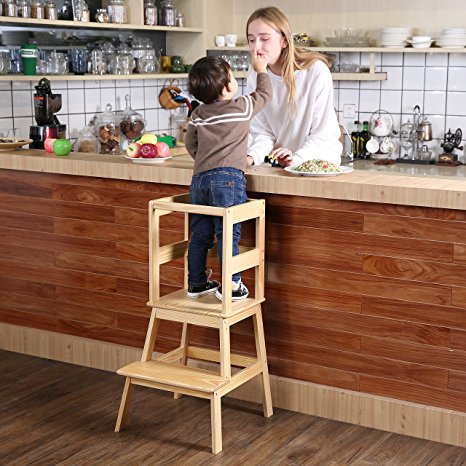 SDADI Learning Tower Kids Kitchen Helper Kitchen Step Stool with Safety Rail - for toddlers 18 months and older,Solid Wood Natural