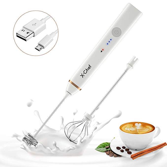 X-Chef Rechargeable Milk Frother, USB Handheld Foam Maker Electric Mixer with 2 Stainless Whisks for Coffee Latte, Cappuccino or Hot Chocolate, 3 Speed, White