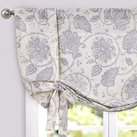Tie Up Curtains for Windows Linen Textured Adjustable Tie-up Shade for Kitchen Rod Pocket Medallion Design Rustic Jacobean Floral Printed Tie-up Valance (1 Panel 54 Inches Grey)