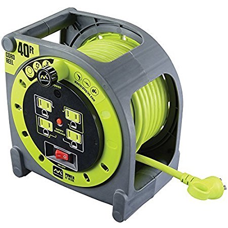 Masterplug Heavy Duty Extension Cord Case Reel with 4 120V / 10 and Integrated Outlets, 40ft