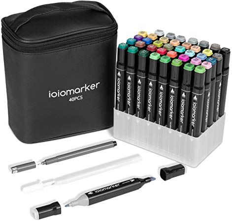 ioiomarker 40 Colors Permanent Marker pen, Alcohol-Based Dual Tip Markers with Broad and Fine Point Tips for Draw/Sketch/Illustrate/Design, Classic Black Leather Gift Bag(Animation Design)