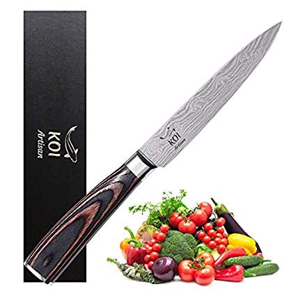 KOI ARTISAN-Utility Knife 5 inch Professional Kitchen Petty Knife-Japanese High Carbon Stainless Steel-Razor Sharp Blade-Stylish Damascus Pattern-Ergonomically Designed- Stain & Corrosion Resistant