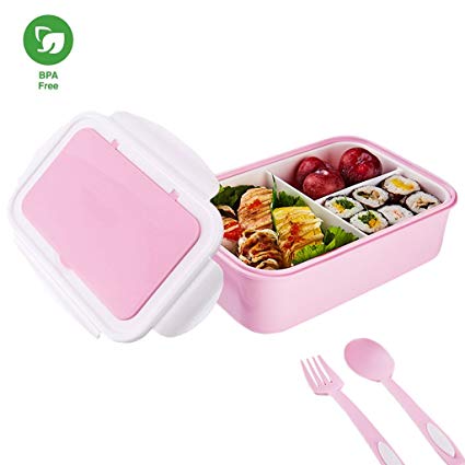 School Lunch Containers, Kids Lunch Box with 3 Compartments Spoon Fork Adult Bento Boxes, With Spoon Fork Microwave Dishwasher Safe No Rusting - Pink