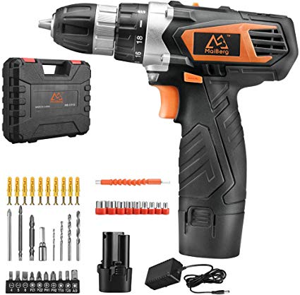 Cordless Drill, Power Drill Driver 12V with 2x1.5Ah Batteries, Fast Charger 1.3A, 44Pcs Accessories, 18 1 Torque Setting, 2-Variable Speed Max Torque 200 In-lbs, 3/8" Keyless Chuck