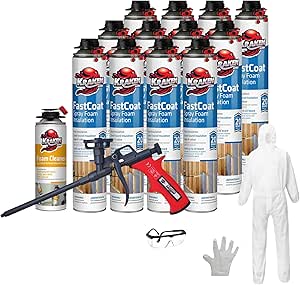 Kraken Bond Fastcoat Spray Foam Insulation Kit - (12x27.1 oz.) Closed Cell Expanding Polyurethane Foam - Heat and Acoustic Insulation, Includes Application Gun & Cleaner, 240 Board Ft, 12 Pack