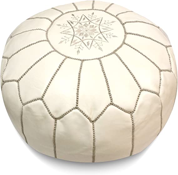 IKRAM DESIGN Moroccan Pouf with Grey Stitching, 20-Inch by 13-Inch, White