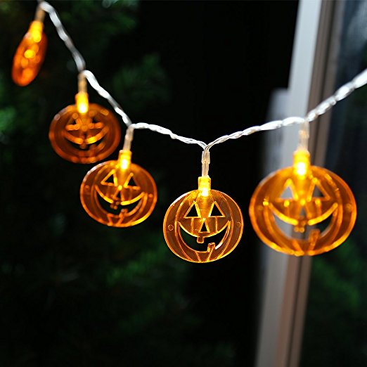 Finether 3.94 ft Battery Powered 10 LED Flat Orange Jack-O-Lantern Pumpkin String Lights for Halloween Party Indoor Outdoor Decoration