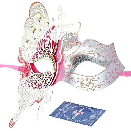 Party Masks, Cozypony Elegant Princess Butterfly Laser Cut Metal Venetian Masquerade Masks for Halloween Mardi Gras Party or Prom (One Size, Silver Pink)