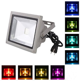 LOFTEK® 10W Outdoor Security RGB LED Flood Light Spotlight, High Powered RGB Color Change(16 Different Color Tones and Four modes), Waterproof, With 1 meter Power Plug and Remote Control Included