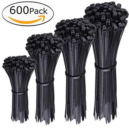 Zip Ties, 600 Pieces Cable Zip Ties Black Self-Locking Nylon Cable Ties Heavy Duty Zip Ties in 4 6 8 10 Inches for Home, Office, Garage and Workshop (150 Pcs per Size) by AUSTOR