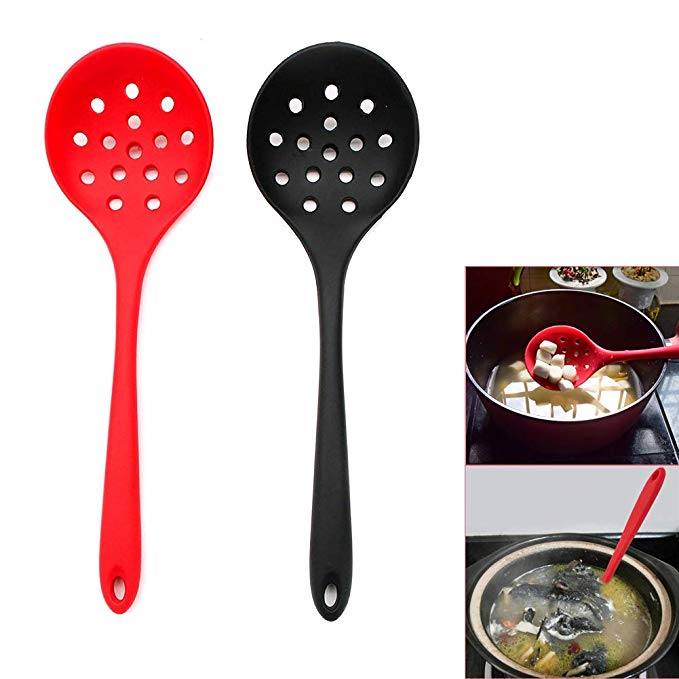 Luckycivia 2 PACK Silicone Slotted Spoon, Premium Silicone Perforated Spoon, Straining Ladle Plastic Skimmer Slotted Spoon, （Red and Black）