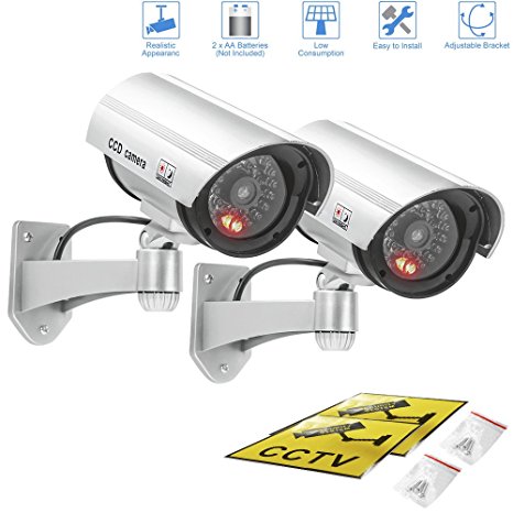 Fake camera,Outdoor & Indoor Fake/ Dummy Security Camera w/ Flashing Red Light For Night,Bullet CCTV Surveillance System With Realistic Look Recording LEDs 2 pack (Silver)