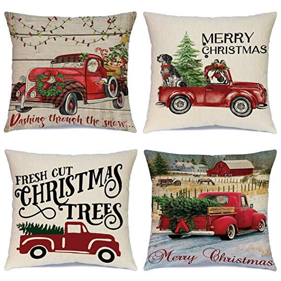 Ueerdand Christmas Pillow Covers 4 Pack Decorative Xmas Christmas Red Truck Tree Throw Pillow Cases Cotton Linen Cushion Covers for Sofa Couch Outdoor Indoor Holiday Decorations 18 x 18 Inches