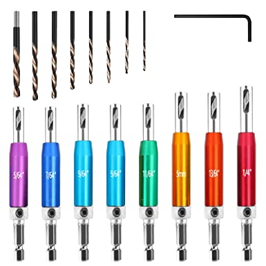 BicycleStore 17PCs Self Centering Drill Bit Set, Hex Shank Self Center Hinge Drill Bits Tool for Woodworking Window Door Hinge with 1 Hex Key, 8 Drill Bits 5/64'' 7/64'' 9/64'' 11/64'' 13/64'' 5mm 1/4'