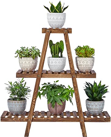 POTEY 3 Tier Wood Plant Stand, Ladder Plant Stand Tiered Plant Shelf for Multiple Plants, Indoor & Outdoor Flower Pots Brown