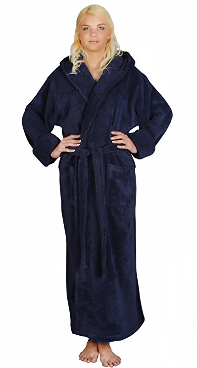 Arus Women's Ankle Length Hooded Zero Twist Soft Turkish Cotton Bathrobe