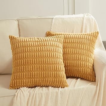 Fancy Homi 2 Packs Mustard Yellow Decorative Throw Pillow Covers 20x20 Inch for Living Room Couch Bed Sofa, Soft Striped Corduroy Square Cushion Case 50x50 cm, Rustic Farmhouse Boho Home Decor