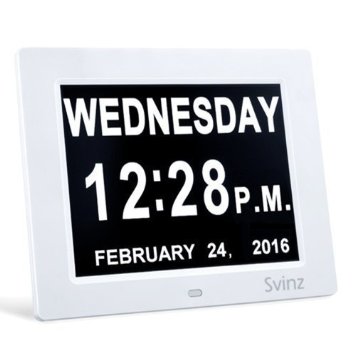 8" Digital Calendar Alarm Day Clock by Svinz with Extra Large Non-Abbreviated Day & Month SDC008 - 3 Alarm Settings