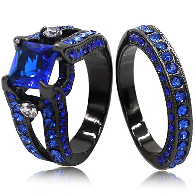 Jude Jewelers Black Blue Princess Cut Cubic Zirconia Wedding Ring Set