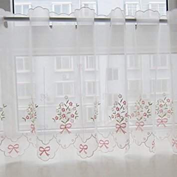 ZHH Pastoral Style Floral Embroidered Cafe Curtain, Lace Sheer Window Valance 23 by 57-Inch, Pink Bowknot Pattern on White