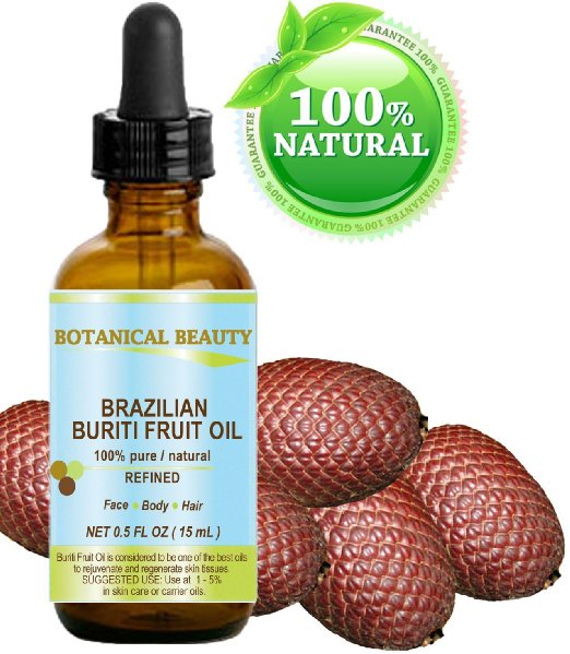 BURITI FRUIT OIL Brazilian. 100% Pure / Natural / REFINED Undiluted Cold Pressed Carrier Oil . For Face, Body, Hair, Lip and Nail Care. 0.5 fl oz- 15 ml. "One the richest natural source of vitamin A, E and C" From Amazon Rainforest. by Botanical Beauty