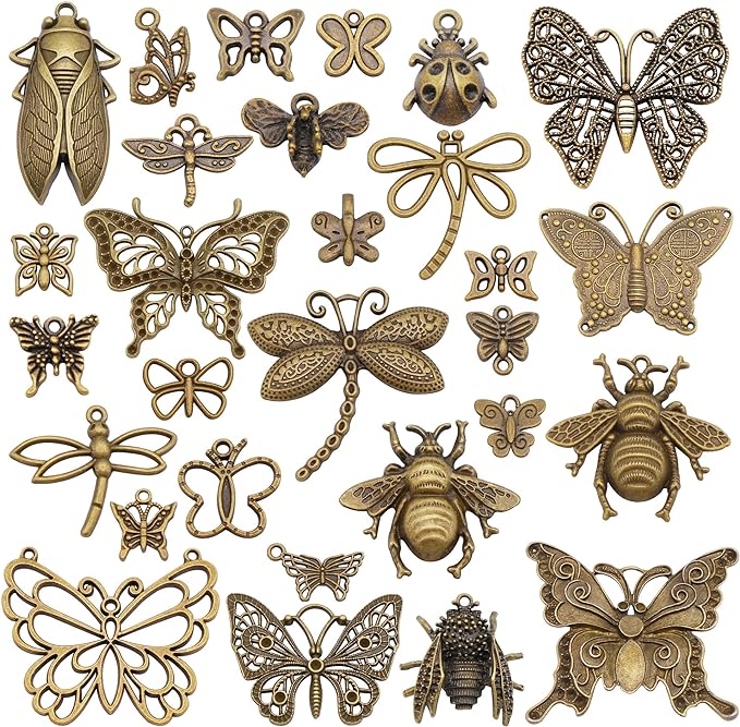GraceAngie Wholesale 20 piece/pack Mixed Vintage Style Butterfly Animals Dragonfly Insects Charms Pendants for Necklace Bracelets Jewelry Making DIY Handmade (Vintage Bronze)