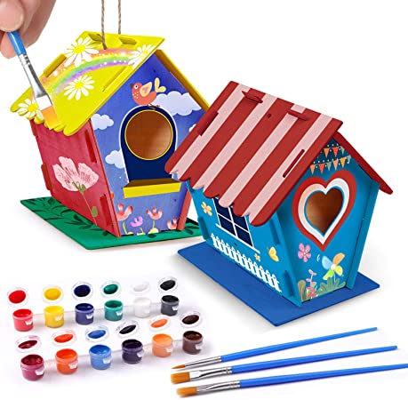 Poscoverge DIY Bird House, Craft for Kids, 2 Packs of Wooden Bird Houses with Paints and Brushes, Color Your Own Bird House Build and Paint Wooden Craft for Boys Girls, Creative Activities for 3