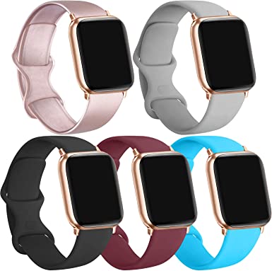 [5 Pack] Silicone Bands Compatible for Apple Watch Bands 38mm 40mm, Sport Band Compatible for iWatch Series 6 5 4 3 SE(Rose Gold/Black/Wine red/Teal/Gray, 38mm/40mm-M/L)