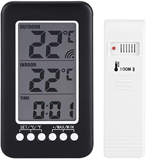Indoor Outdoor Thermometer - LCD Digital Thermometer Clock - Wireless Temperature Meter - Minimum/Maximum Values Display - Wireless Transmitter - Outdoor Sensor