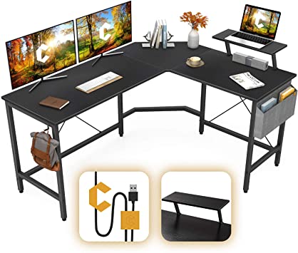 Cubiker Modern L-Shaped Computer Office Desk, Corner Gaming Desk with Monitor Stand, Home Study Writing Table Workstation for Small Spaces, Black