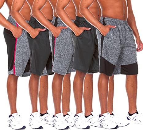 5 Pack: Men's Active Performance Quick-Dry Athletic Stretch Drawstring Basketball Gym Knit Shorts with Pockets