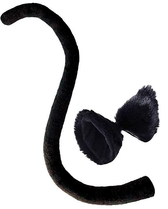 Cat Ear Clips and Black Tail Long Costume Set Animal Ears Hair Clip for Women/Girls/Kids Halloween, Neko Cosplay Accessories