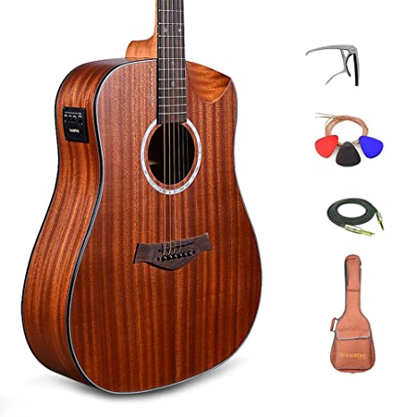 Kadence Guitar Slowhand Series Premium Electric Acoustic Mahogany body Demi Cutaway Jumbo Guitar 41” Combo with Heavy Padded Bag, Instrument cable, Pro Capo, Picks, and String Set (Mahogany SH03)