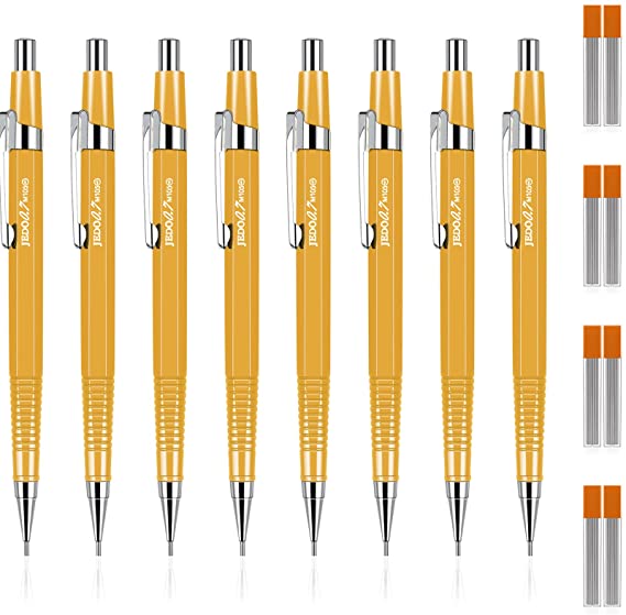 8 Pieces Mechanical Pencil Metal Mechanical Pencil Retractable Automatic Drafting Pencils Refills for Writing Drawing Signature (Yellow, 0.9 mm)