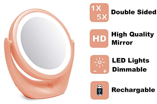 Portable Makeup Vanity Mirror with Bright LED Lights X1 / X5 Dual Side Magnification Dimmable Rechargeable Lithium-ion (Peach Pearl)
