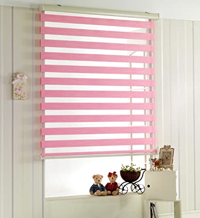 Custom Cut to Size, [Foiresoft Woodlook 55, Pink, W 46 x H 55 inch] Zebra Roller Blinds, Dual Layer Shades, Sheer or Privacy Light Control, Day and Night Window Drapes, 10 to 110 inch Wide