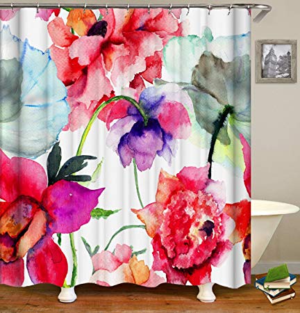 Aestheticism Shower Curtain Set, Abstract Watercolor Flowers Print, Thick Polyester Fabric, Mildew Mold Resistant Waterproof Machine Washable , 72 X 72 inch, Red