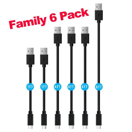 Micro USB Cable Android, Covery® Family 6 Pack（1ft, 4ft, 6ft）Micro USB Cable High Speed USB 2.0 A Male to Micro B Data Sync and Charging Cables for Samsung, HTC and Other Mobile Phones (Black-6 pack)