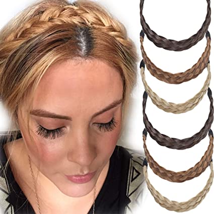 Braid Headband Braiding Hair Band Synthetic Plaited Braided Hairpiece Classic Chunky Wide Hairband Elastic Stretch Hair Extensions for Women Girl 3 Strands Brown Mixed