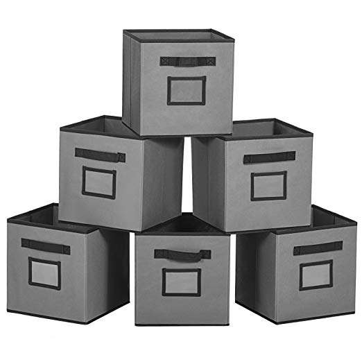 MaidMAX Foldable Storage Cubes with Label Holders and Dual Handles, Grey, Set of 6