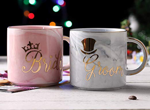 Luspan Groom and Bride Couples Coffee Mugs - Unique Wedding Gift for Bride and Groom - Gift for Bridal Shower Engagement Wedding and Married Couples - Ceramic Marble Cups 13 oz(Grey and Pink)