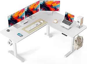 Cubiker 63" L Shaped Electric Standing Desk, Height Adjustable Stand up Corner Desk, Sit Stand Home Office Desk with Splice Board, White Top