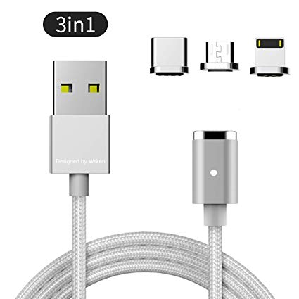 Wsken Mini2 3 in 1 Magnetic USB Cable for Type C/Micro USB/i-Product,3.28ft Nylon Braided Data Sync Fast Charging LED Indicator Connector Compatible with SamsungS9/S8/S7,Note8,Nexus,i-Product,(Silver)