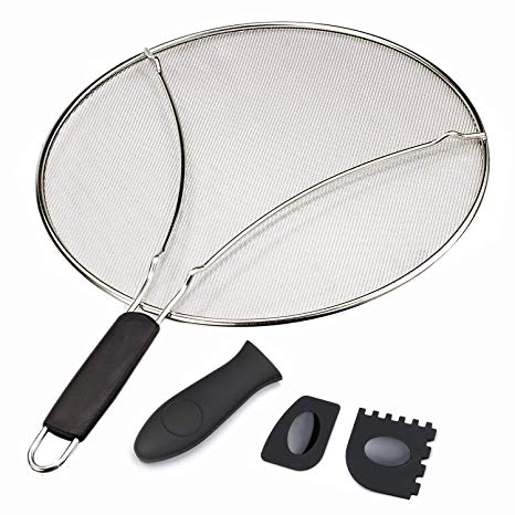 STONEKAE Splatter Screen for Frying Pan 13" - Stops 99% of Hot Oil Splash, Cooking and Grill Pan Scrapers - Silicone Handle Holde - Elite Oil Splash Shield for Frying Pans, Pots, and Skillets